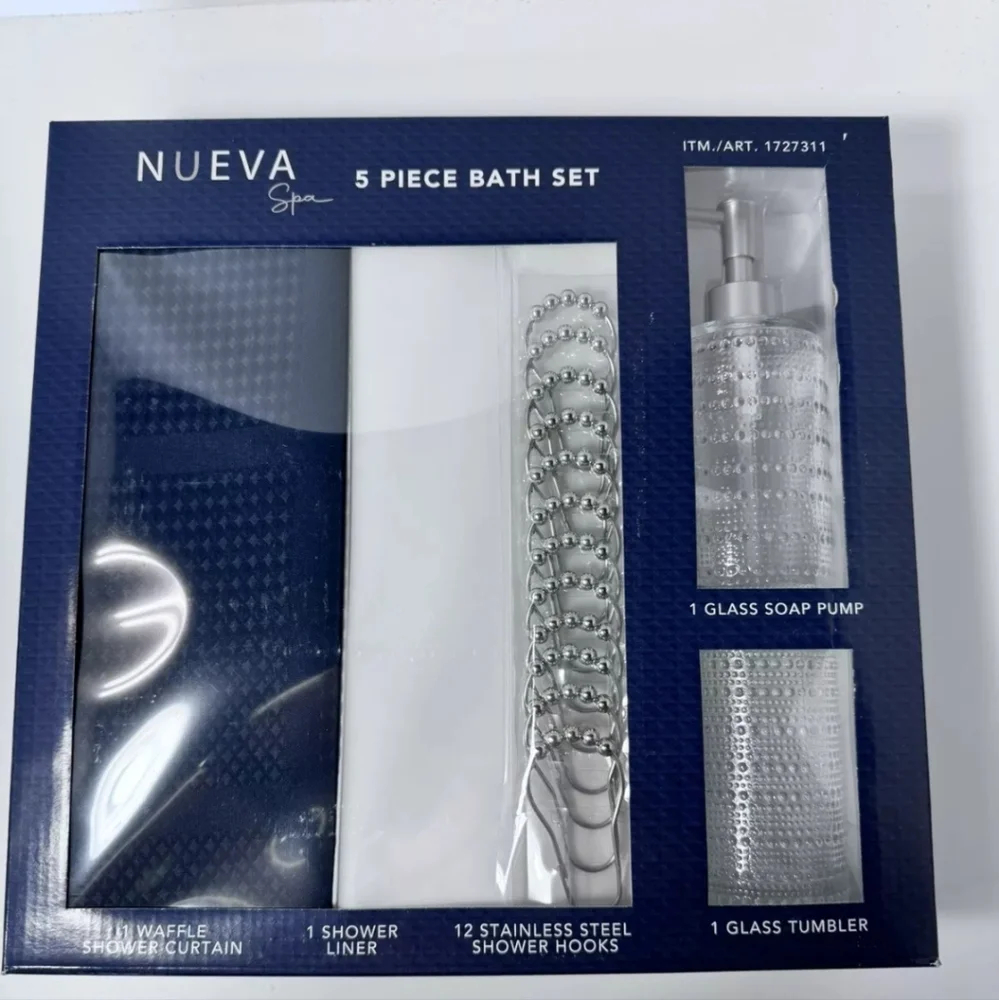 Nueva Spa 5 Piece Bath Set Meriden Navy. Hooks, Liner, Soap Pump, Tumbler !